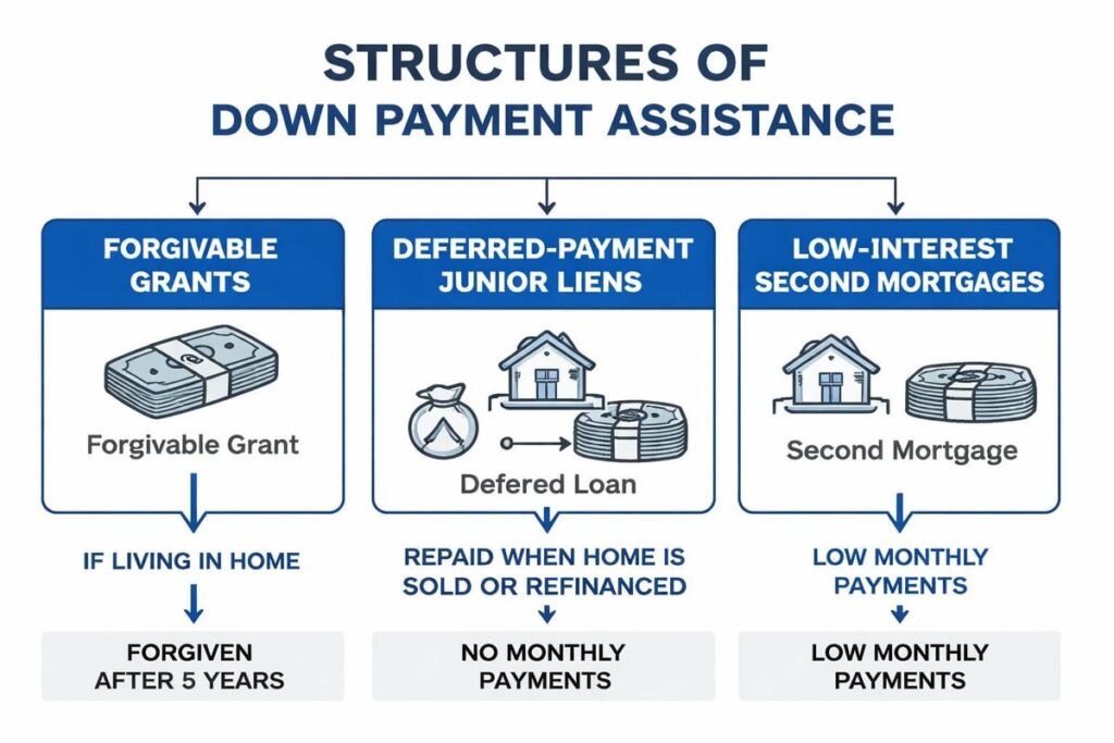 Three types of down payment assistance: forgivable grants, deferred junior liens, and low-interest second mortgages