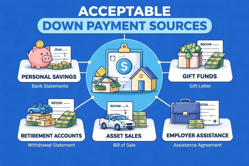 Acceptable down payment sources: savings, gift funds, retirement accounts, asset sales and employer assistance