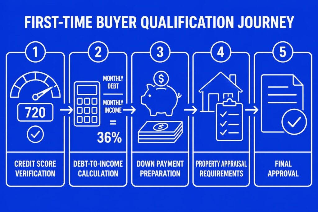 First-time buyer qualification steps: credit, debt-to-income, down payment, appraisal, and approval