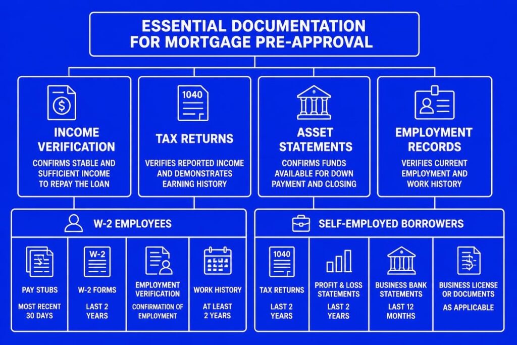 Documents needed for mortgage pre-approval for W-2 employees and self-employed borrowers