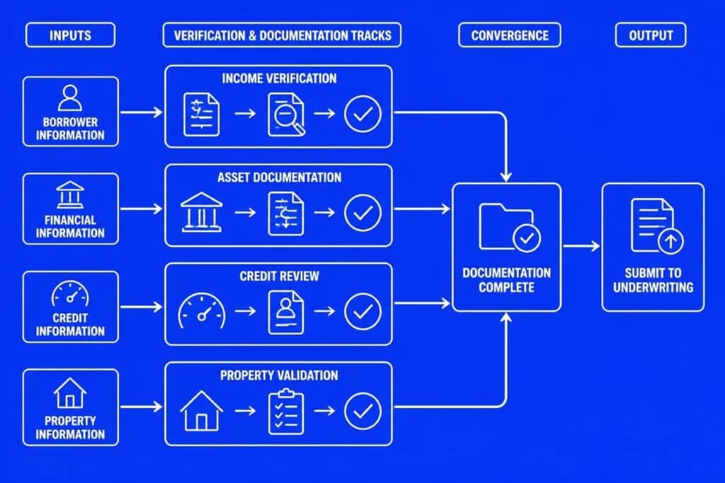 Mortgage processing workflow: income, assets, credit, and property verified before underwriting