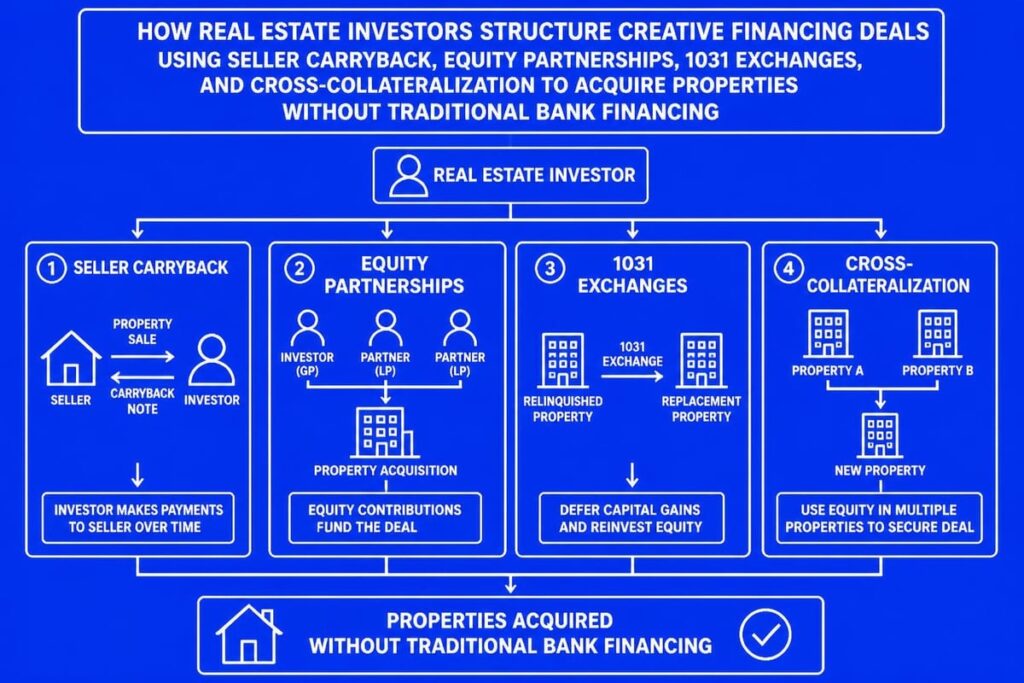 Creative investor financing structures: seller carryback, equity partnerships, 1031 exchanges, and cross-collateralization